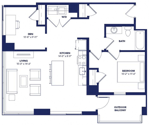 Floor plan for 1 bed, 1 bath, 933 sqft